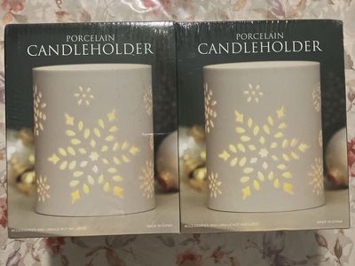 Set of 2 Costco Porcelain Candleholders Snowflake Cutout Christmas Holiday Decor