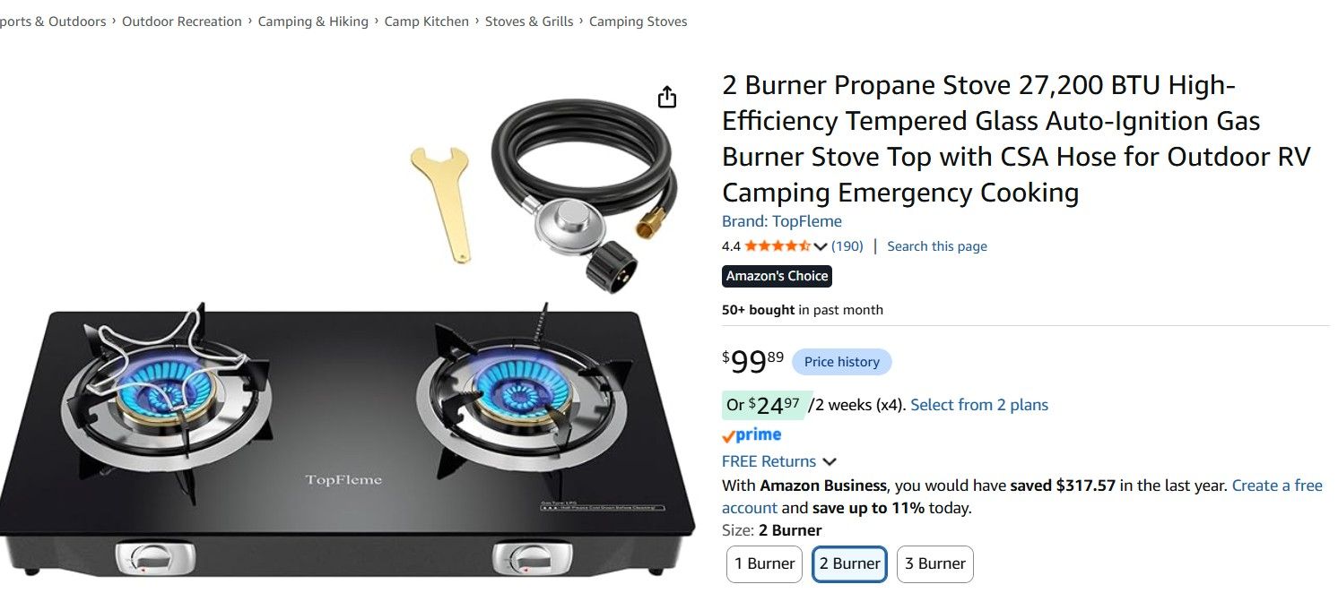 New: TopFleme 2-Burner Portable Propane Tabletop Gas Stove (Tempered Glass)
