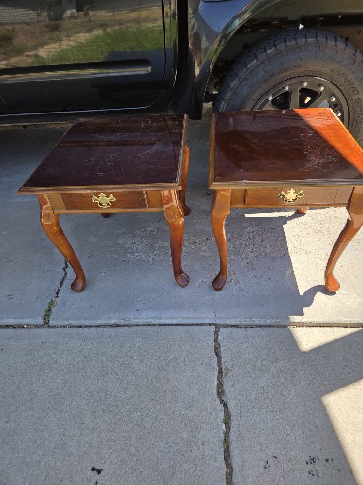 Pair of Vintage Wood End Tables with Single Drawer, Cabriole Legs