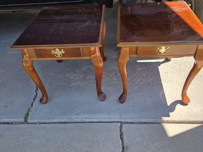 Pair of Vintage Wood End Tables with Single Drawer, Cabriole Legs
