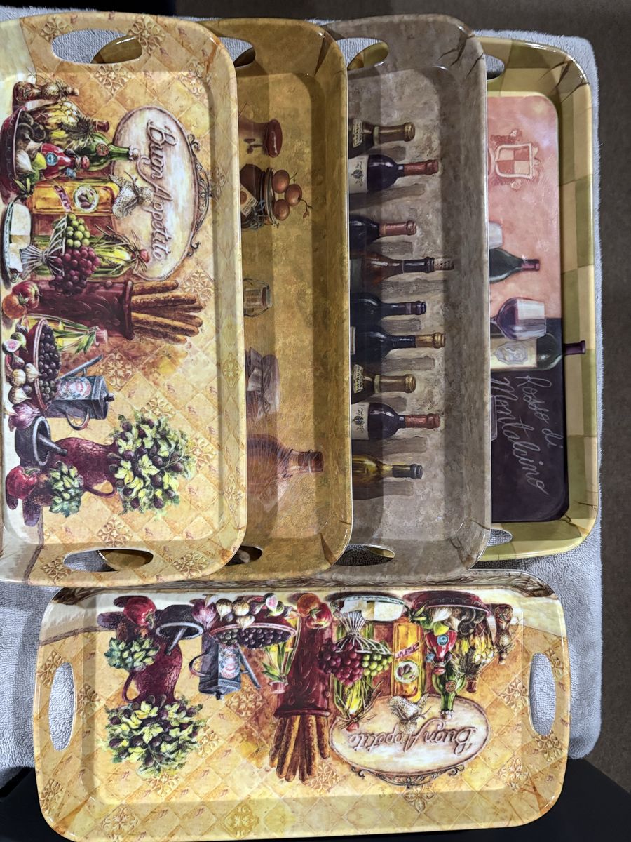 Set of 5 Italian-Themed Serving Trays with Wine, Fruit, and "Buon Appetito" Designs