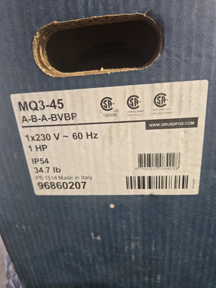 Grundfos MQ3-45 1HP Pressure Booster Pump 230V Made in Italy NSF/ANSI 61 & 372 Certified
