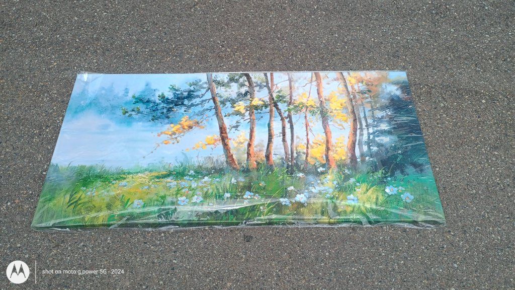 large canvas painting/wall art-nature scene with trees and flowers