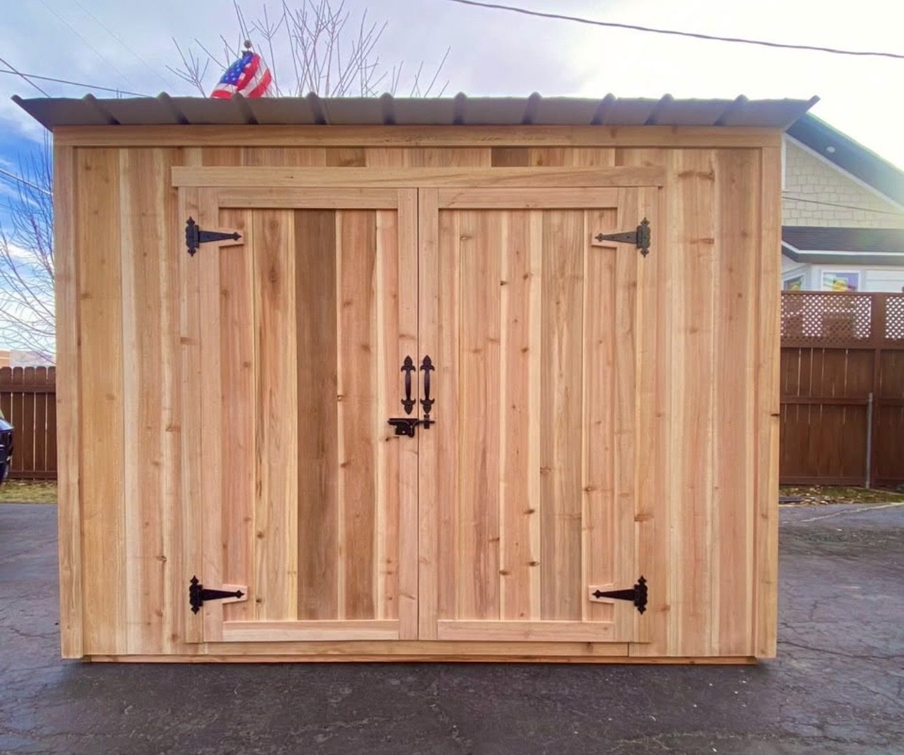 Custom Built Cedar Wood Storage Shed with Metal Roof and Double Doors