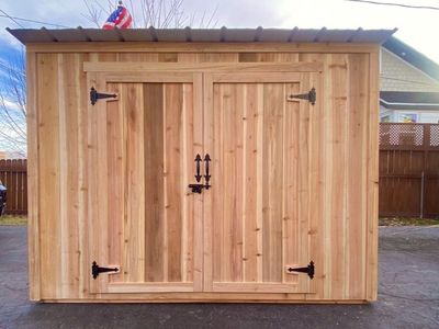 Custom Built Cedar Wood Storage Shed with Metal Roof and Double Doors