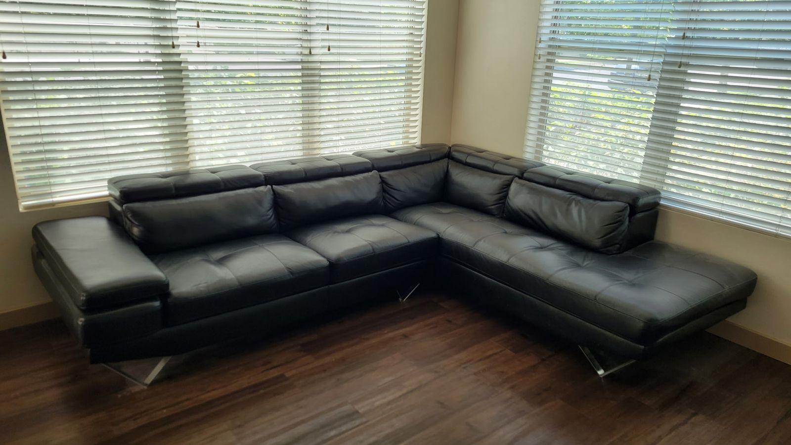 Modern Black Leather Sectional Sofa with Chaise and Metal Legs