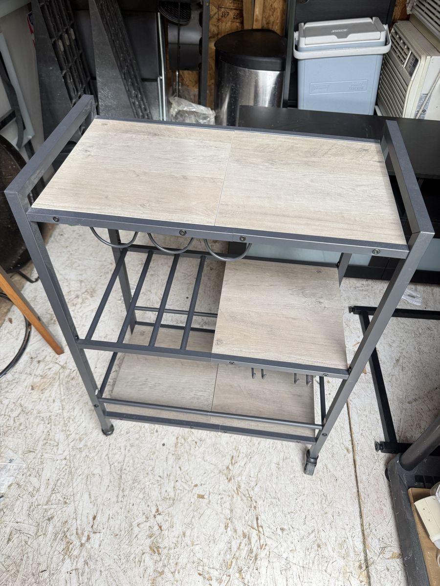 Industrial Style Bar Cart with Wine Rack & Glass Holders - Wood Grain Finish, 34" Tall