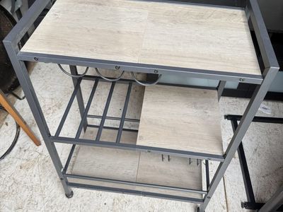 Industrial Style Bar Cart with Wine Rack & Glass Holders - Wood Grain Finish, 34" Tall