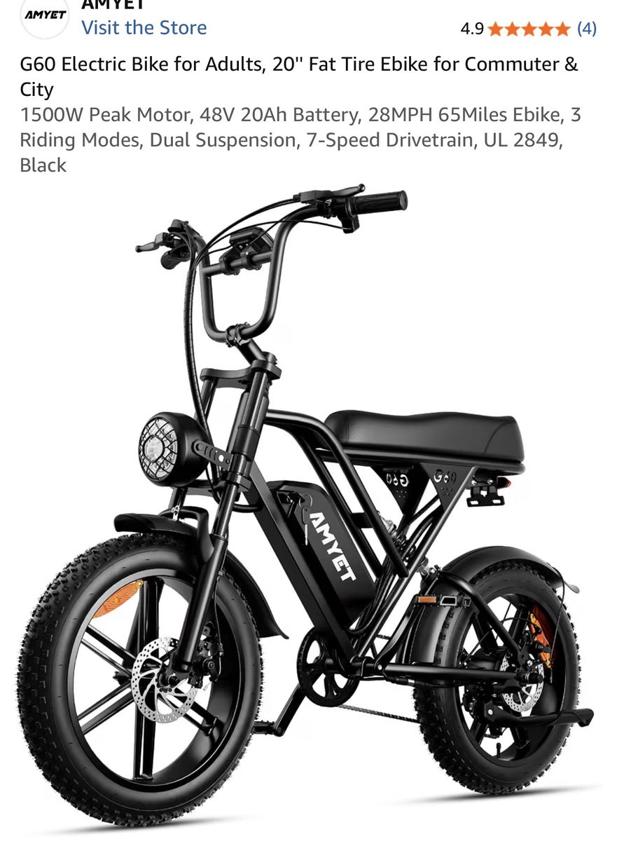 Amyet G60 Electric Bike - 20" Fat Tire Ebike, 1500W Motor, Black