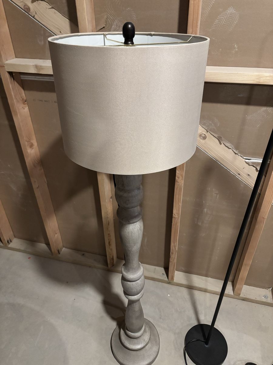 Rustic Farmhouse Floor Lamp - Wood Base with Linen Shade - Neutral Light Gray Finish