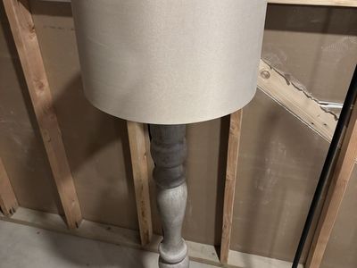 Rustic Farmhouse Floor Lamp - Wood Base with Linen Shade - Neutral Light Gray Finish