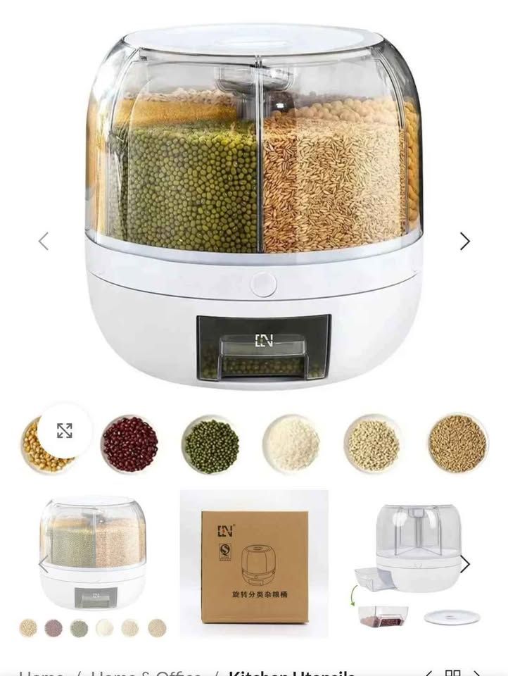 Rotating 6-Compartment Food Storage Dispenser with Drawer - White - Rice Cereal Grain - New