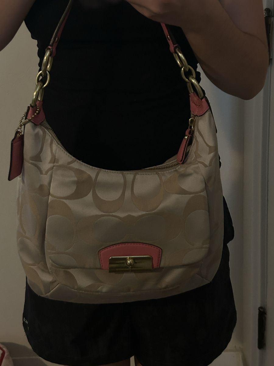 Coach Signature C Khaki and Pink Leather Shoulder Bag Hobo Purse