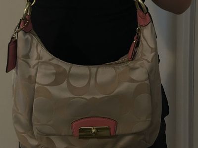 Coach Signature C Khaki and Pink Leather Shoulder Bag Hobo Purse