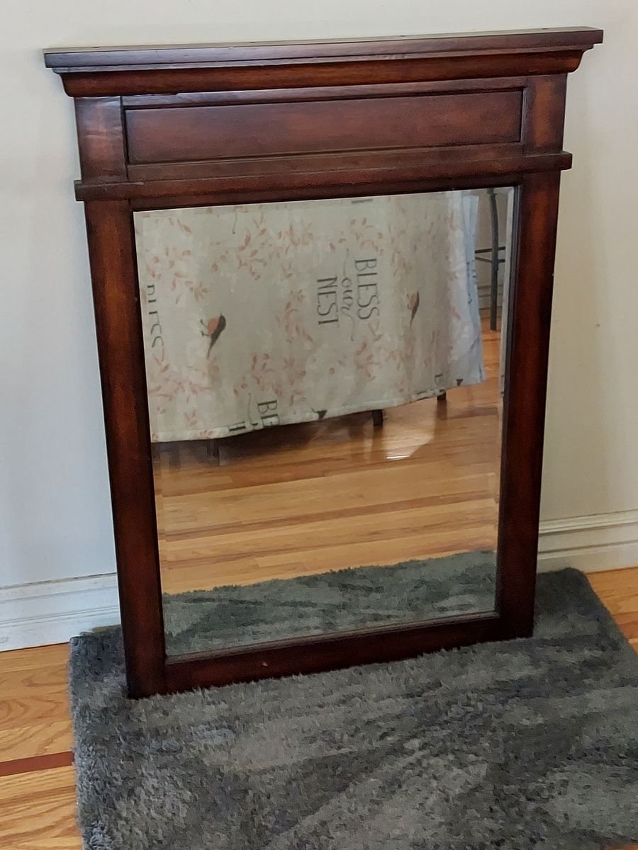 Beveled Glass Framed Wall Mirror - Dark Wood Finish 26x34