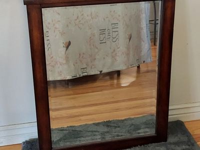 Beveled Glass Framed Wall Mirror - Dark Wood Finish 26x34