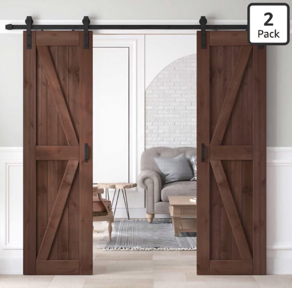 48x84 inch (Double 24×84 inch Door) Sliding Barn Wood Door Slab with 8ft Hardware Kit and Handle, Coffee, K Shape, Simple DIY As
