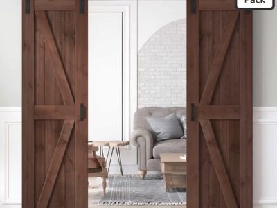 48x84 inch (Double 24×84 inch Door) Sliding Barn Wood Door Slab with 8ft Hardware Kit and Handle, Coffee, K Shape, Simple DIY As