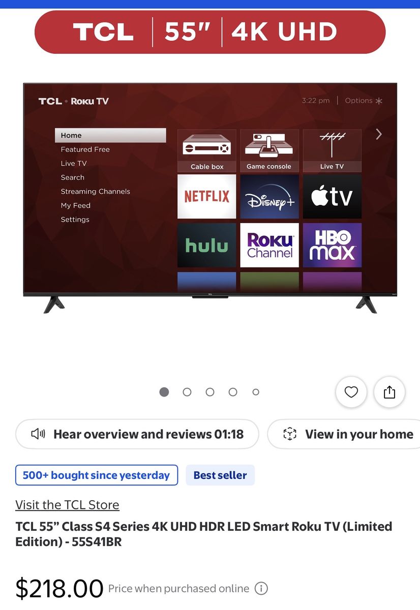 TCL 55 Inch Class S4 Series 4K UHD HDR LED Smart Roku TV