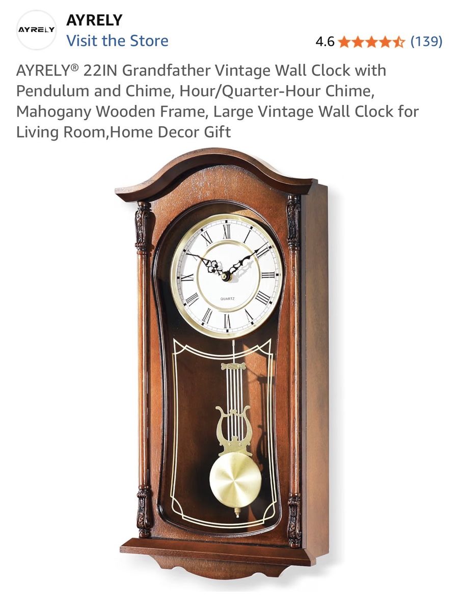 AYRELY 22 Inch Vintage Wall Clock - Mahogany Wooden Frame with Pendulum and Chime