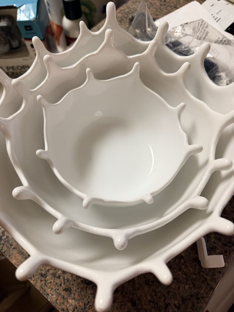 Unique White Ceramic Splatter Bowls - Set of 3 Nesting Decorative Bowls, Modern Design