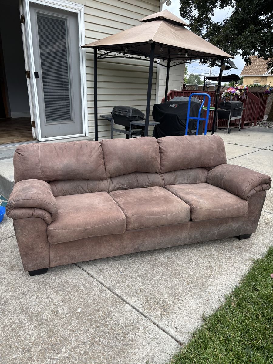 Brown Suede-like Sofa with Two Reclining Seats - Good Condition
