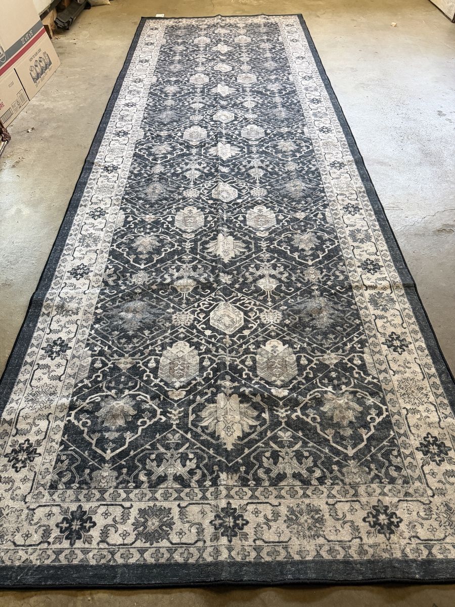 Washable 4'x12' Gray Black Boho Vintage Distressed Low Pile Hallway Runner Rug