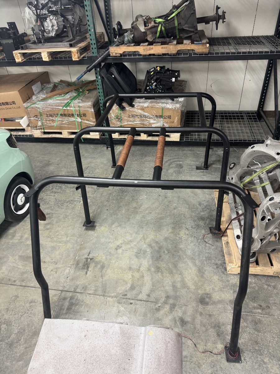 66-77 Ford Bronco Roll Cage, Black Matte Powder Coat with Leather Grab Handles and Roll Bar Grips and LED lights
