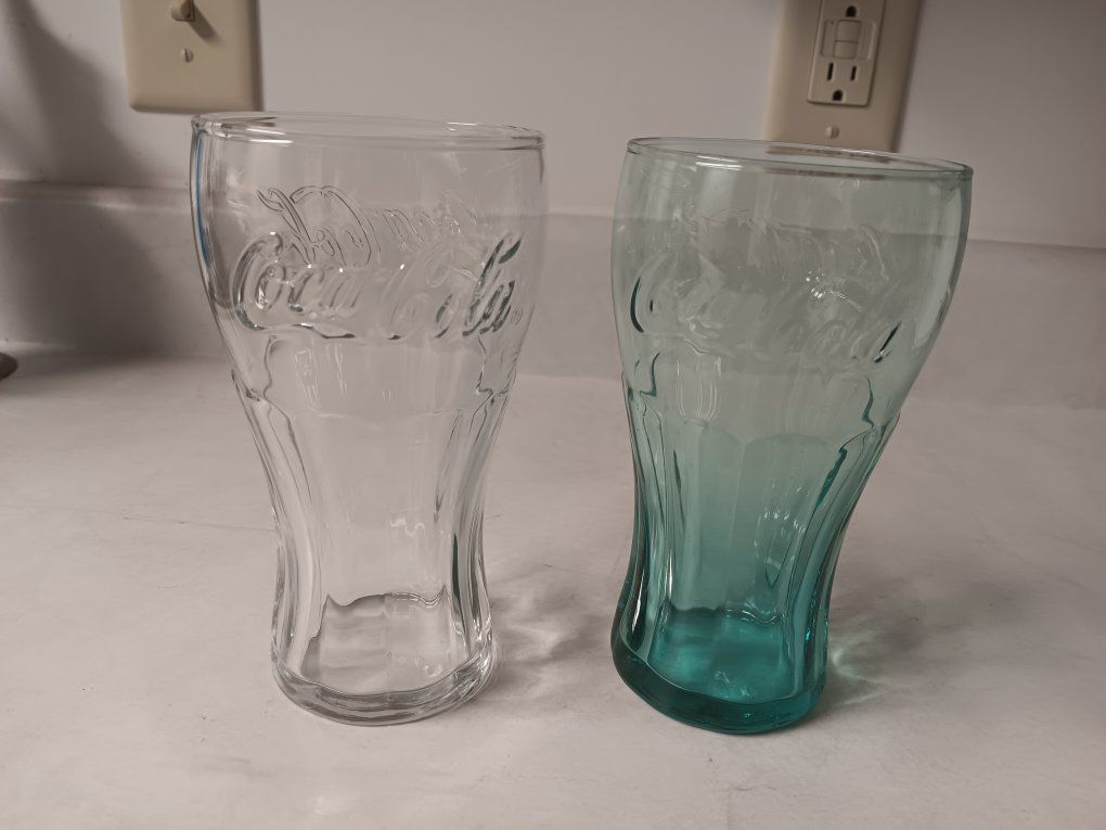 Vintage Coca-Cola Glasses - Clear and Teal - Classic Coke Bottle Shape (Set of 2)