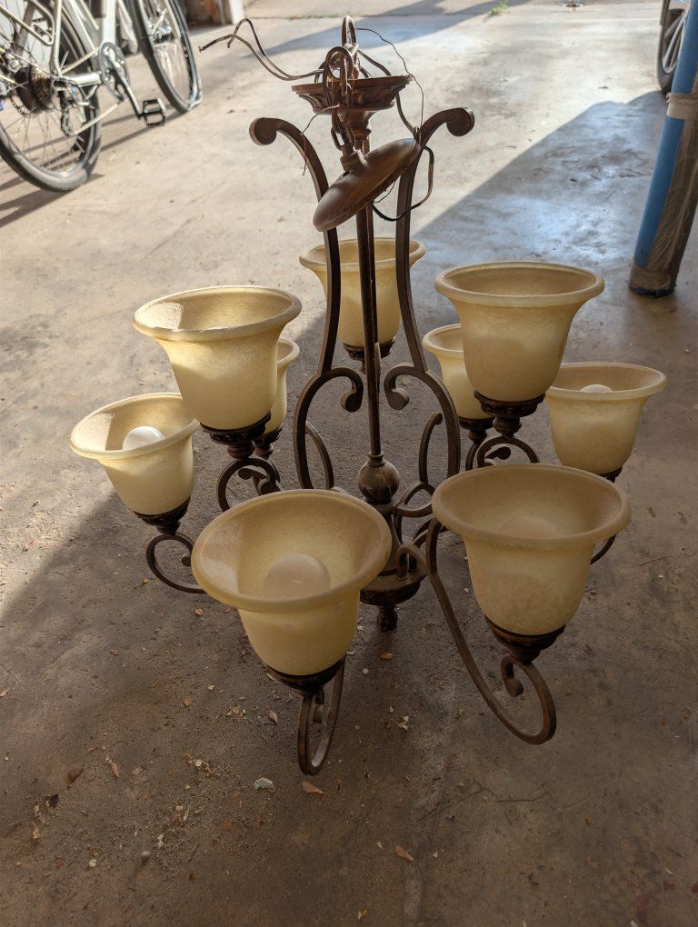 Rustic Bronze Chandelier with 8 Frosted Alabaster Glass Shades - Used Ceiling Light Fixture