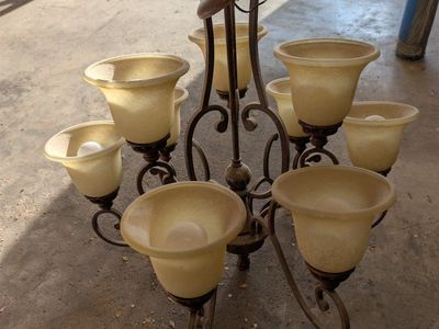 Rustic Bronze Chandelier with 8 Frosted Alabaster Glass Shades - Used Ceiling Light Fixture