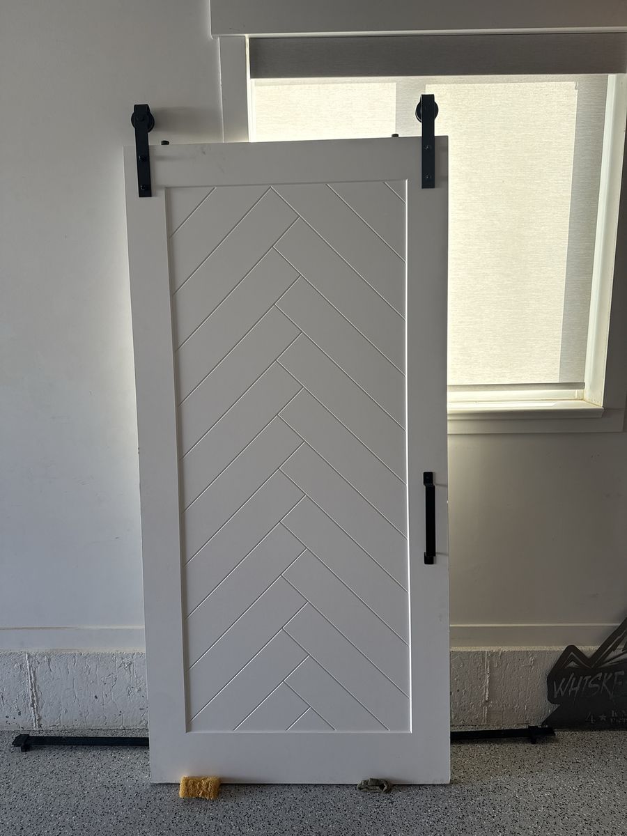 White Herringbone Sliding Barn Door with Black Hardware