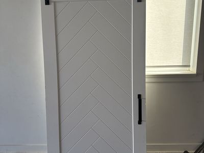 White Herringbone Sliding Barn Door with Black Hardware