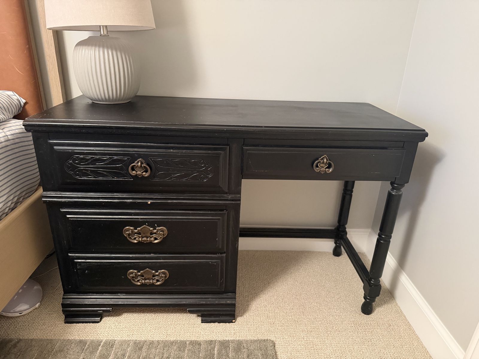 Vintage Black Solid Wood Desk - 3 Drawers & Single Drawer, Carved Details, Ornate Hardware