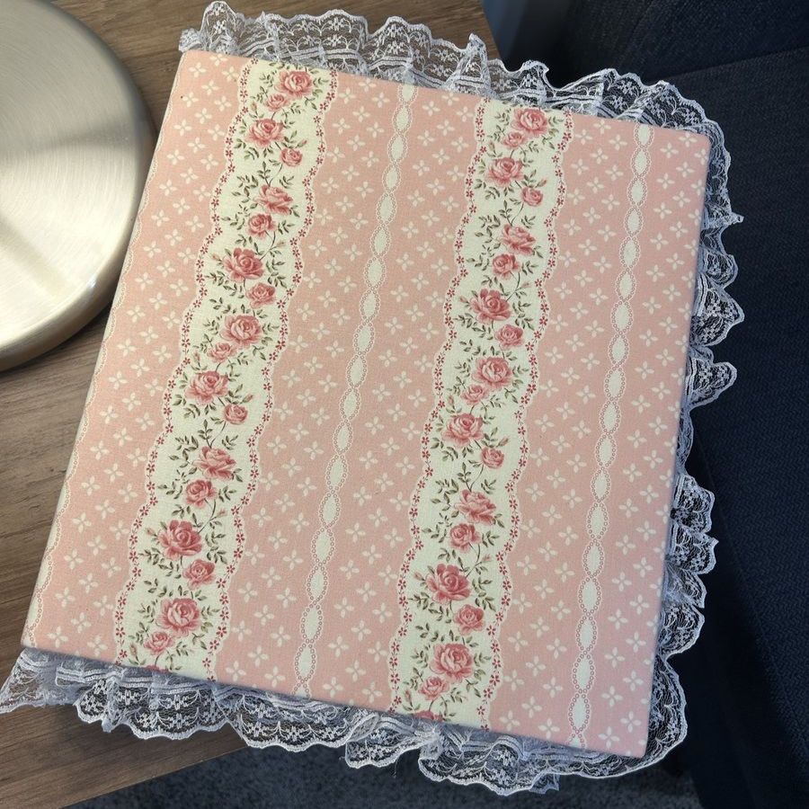 Vintage Floral Fabric Photo Album with White Lace Trim Pink & Cream