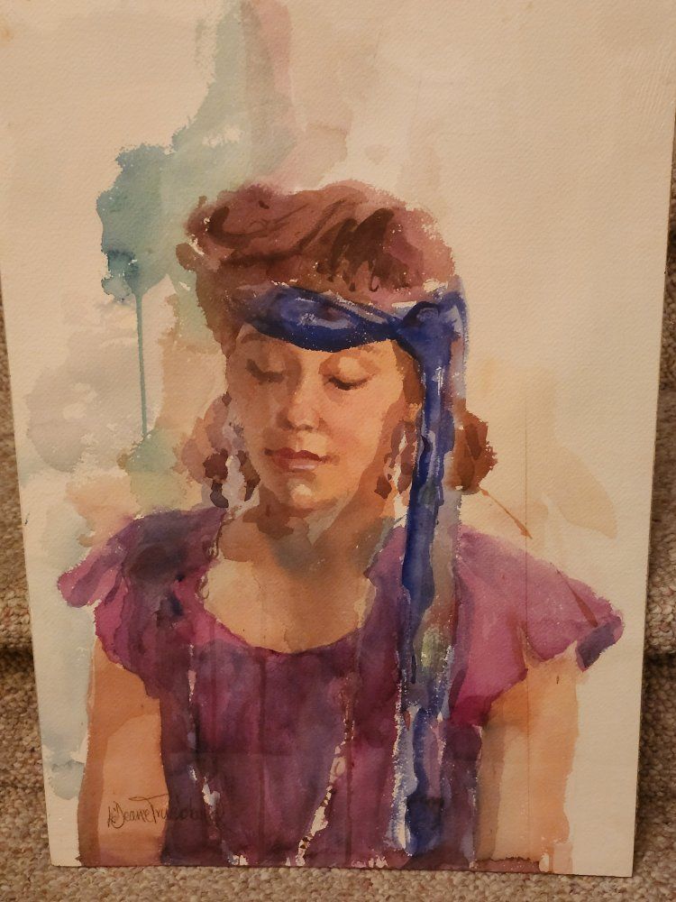 "Shy girl in purple dress"