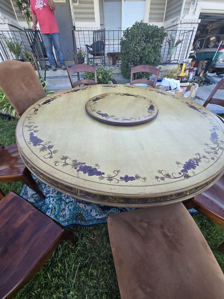 6'Round Vintage Hand-Painted Dining Table & Chairs Set - Grape Motif, Gold Trim, Wooden and  Upholstered Chairs