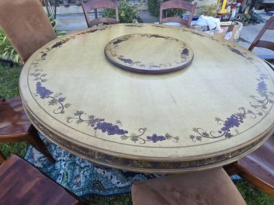 6'Round Vintage Hand-Painted Dining Table & Chairs Set - Grape Motif, Gold Trim, Wooden and Upholstered Chairs