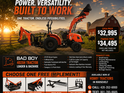 NEW Bad Boy 4025H Tractor, Loader & Backhoe Package – FREE Implement Included!