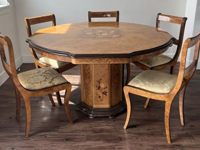 Vintage Inlaid Wood Pedestal Dining Table and 6 Upholstered Chairs Set