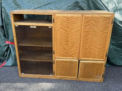 Oak Entertainment Center with Glass Doors and Storage Cabinets