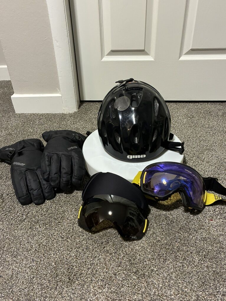 Ski helmet, goggles and gloves