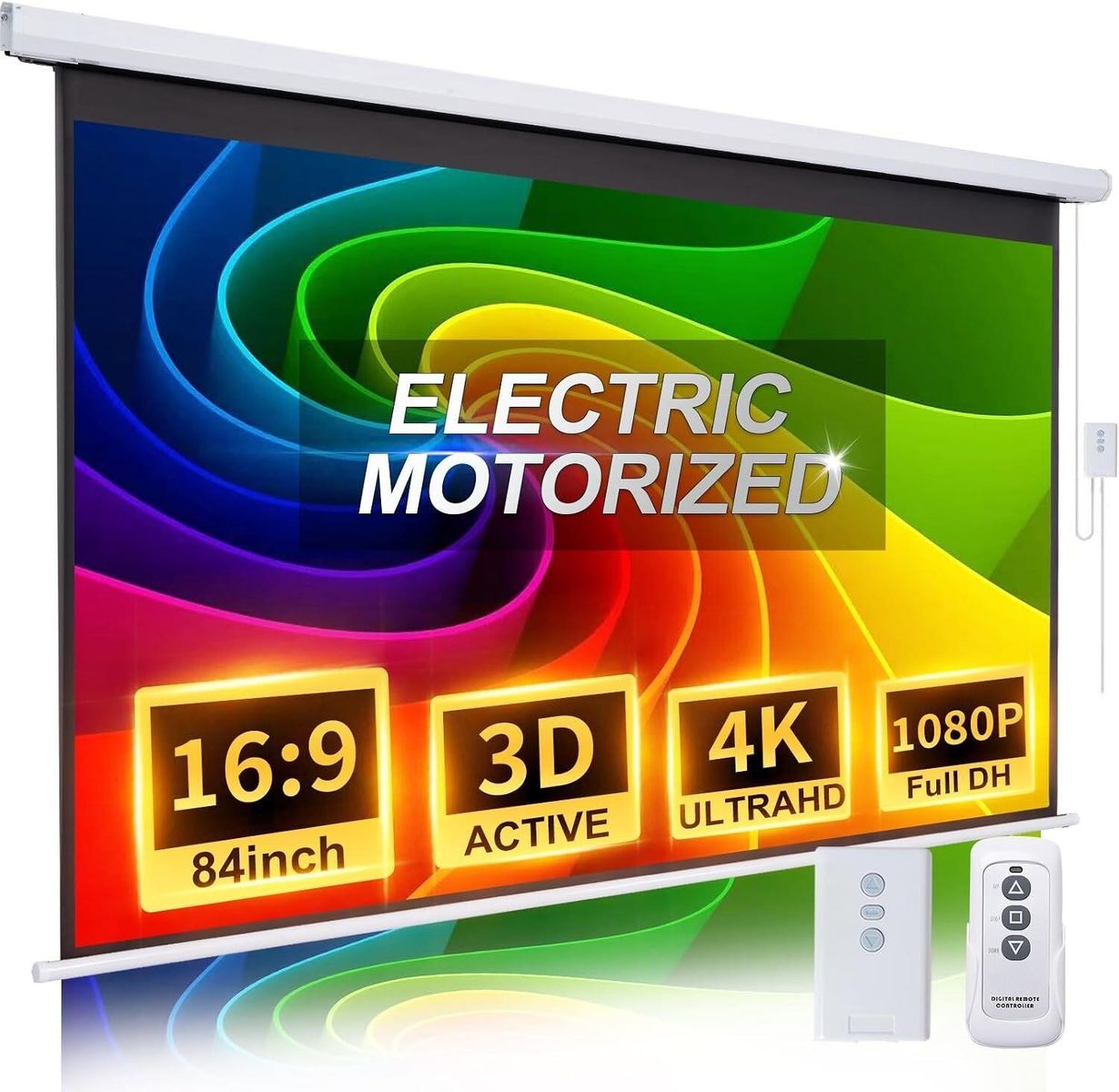 84-Inch Electric Motorized Projector Screen 16:9 4K HD 3D Drop Down Home Theater