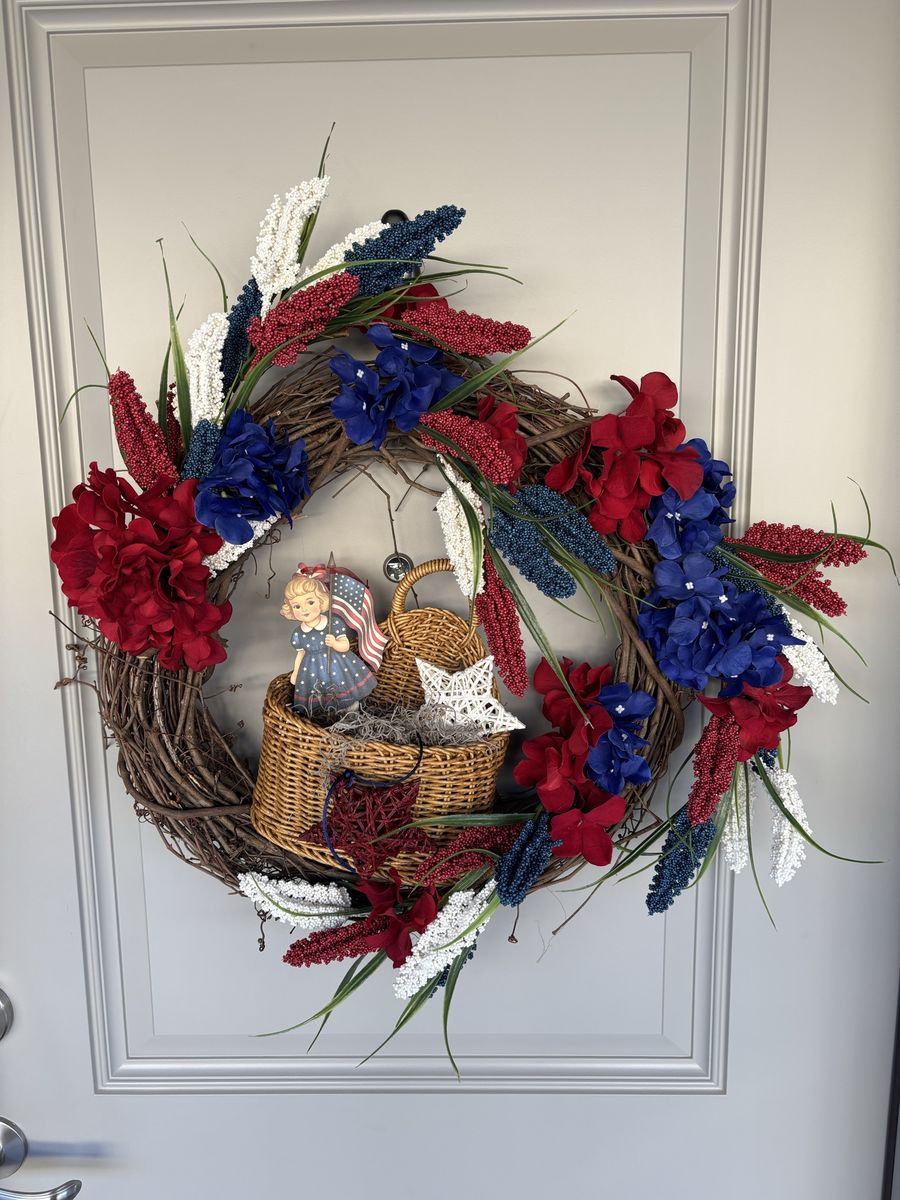 Handmade Patriotic Grapevine Wreath - Red, White & Blue Floral Decor with Girl & Flag