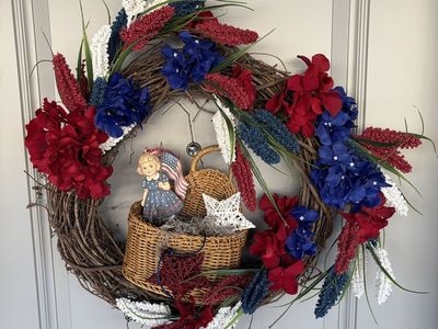 Handmade Patriotic Grapevine Wreath - Red, White & Blue Floral Decor with Girl & Flag