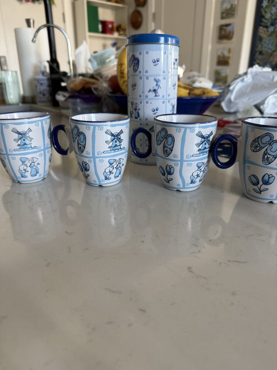 Dutch Blue and White Ceramic Mugs with Matching Storage Tin