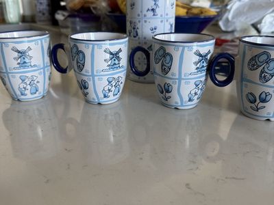 Dutch Blue and White Ceramic Mugs with Matching Storage Tin