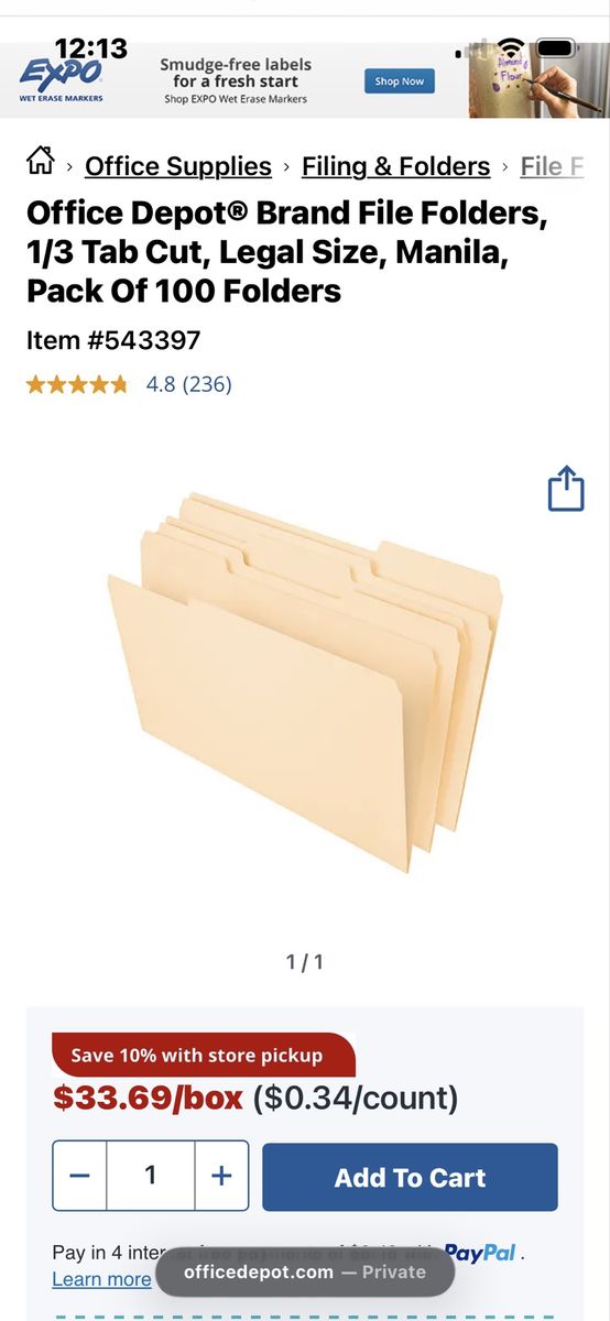 Office Depot® Brand File Folders, 1/3 Tab Cut, Legal Size, Manila, Pack Of 100 Folders