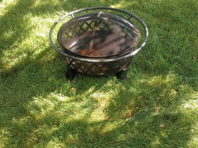 Round Black Metal Fire Pit with Mesh Screen and Cover - Used Condition