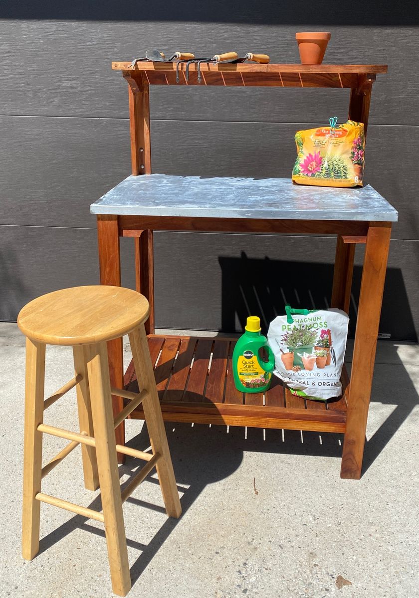 Near New - Top Quality Teak and Metal Gardener Potting Table Bench and Stool - Garden Workstation hobby